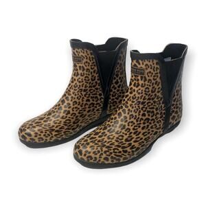 London Fog Women's Piccadilly Rain Boot 6 New Leopard Tan Black Animal Chelsea